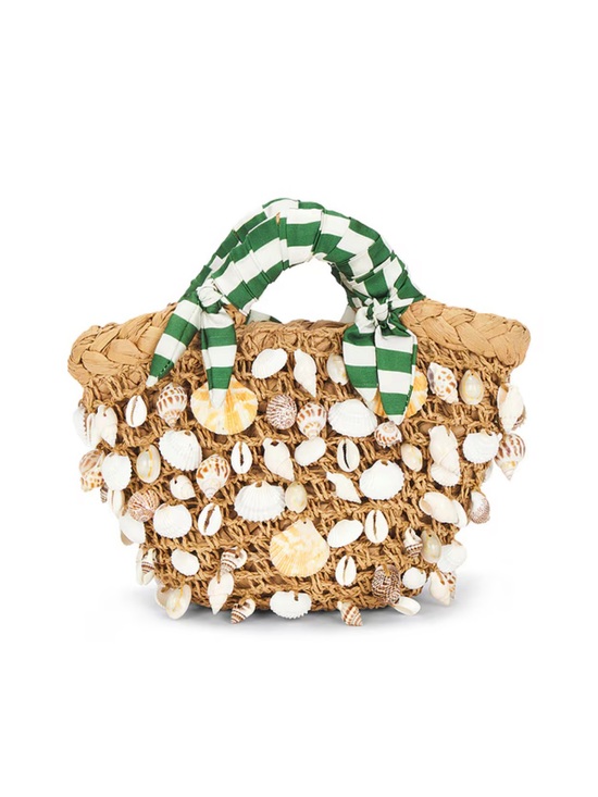 Simon Miller Handbags - Simon Miller Straw Mini Shell-Embellished Tote with Green & White Handle Scarf